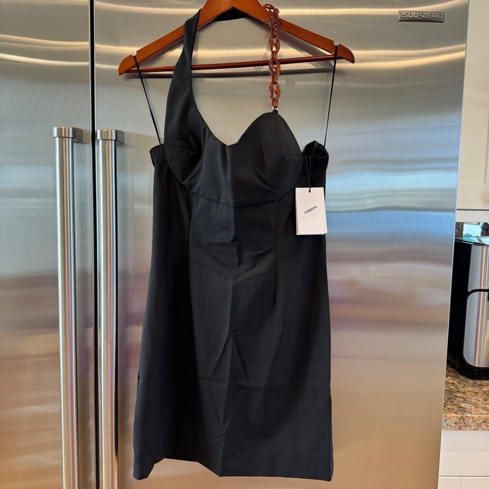 NWT Coperni Cocktail Dress Halter Neck Black Asymmetrical Neck Detail Poly Wool